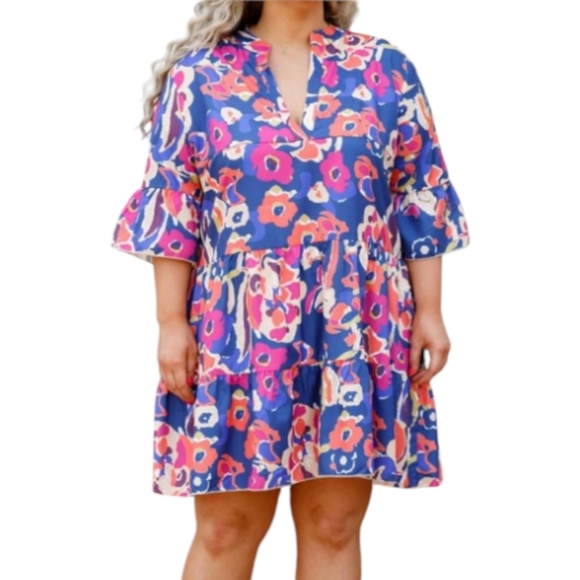 Ruffled Floral 3/4  Bell Sleeve Tiered Pull Over Dress Size L - Picture 1 of 6